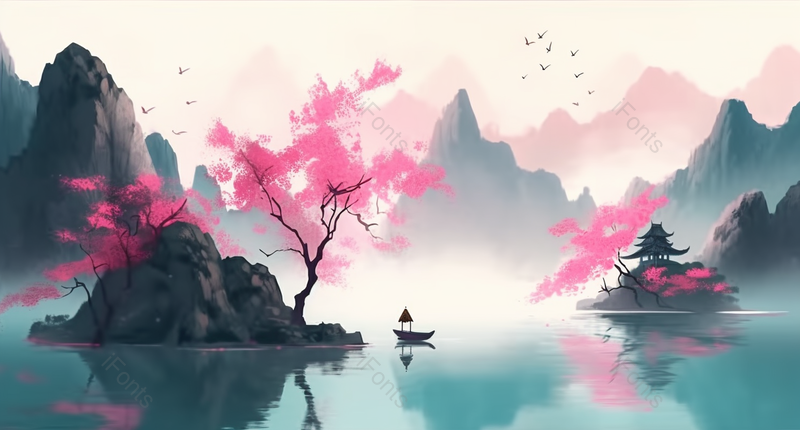水彩风在湖面上划船水墨背景图,插画/手绘图,插画/手绘图库,插画/手绘图下载,插画/手绘